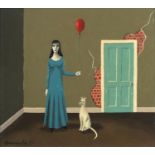 Manner of Gertrude Abercrombie - Surreal interior scene with female and a cat, American school oil