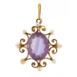 9ct gold amethyst and pearl pendant, 3.5cm in length, 3.6g : For Further Condition Reports Please
