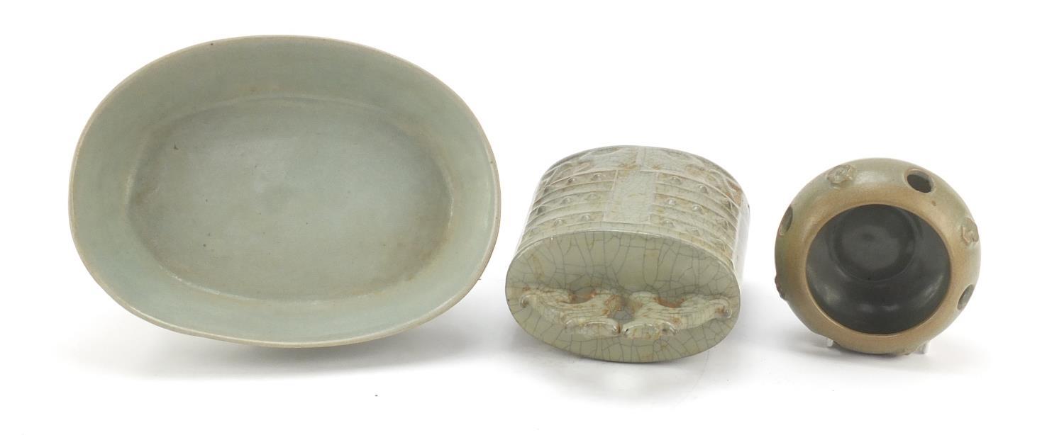 Korean celadon pottery including an archaic style bell and four footed dish, the largest 22cm wide : - Image 6 of 7