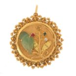 Large Italian 18ct gold multi gem locket, the hinged front set with gems including, diamond, ruby,