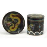 Chinese cloisonné pot with cover and a dish, each enamelled with dragons chasing a flaming pearl