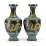 Pair of Chinese cloisonné vases, enamelled with dragons chasing a flaming pearl amongst clouds, each