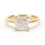 18ct gold princess cut diamond ring, approximately 2.20 carat, size M, 4.9g : For Further