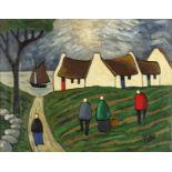 Figures before cottages and water, Irish school oil on canvas, framed, 46cm x 35cm : For Further