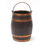 Victorian copper bound oak barrel with swing handle, 43.5cm high : For Further Condition Reports