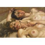 After Lucien Freud - Two nude lovers, oil on board, mounted and framed, 62cm x 42cm : For Further