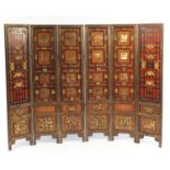 Chinese gilt lacquer six fold room divide with carved panels and hardstone inlay, 184cm High x 240cm