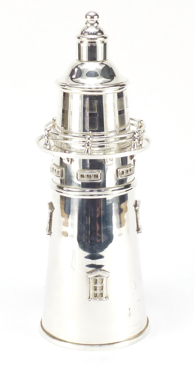 Large silver plated cocktail shaker in the form of a lighthouse, 35.5cm high : For Further Condition