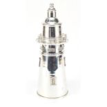 Large silver plated cocktail shaker in the form of a lighthouse, 35.5cm high : For Further Condition