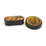 19th century horn and blonde tortoiseshell snuff box and a papier-mâché example, the largest 10cm
