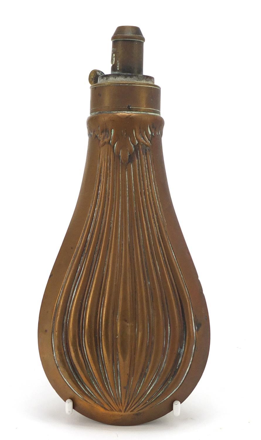 19th century military interest copper and brass powder flask, 20cm high : For Further Condition