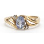 9ct gold blue stone and diamond ring, size P, 2.1g : For Further Condition Reports Please Visit