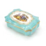 19th century Meissen porcelain box and cover hand painted with two lovers, blue crossed sword