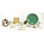 Poole pottery including tiles, Art Deco style plates and a large green shallow dish, the largest