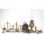 Metalware including a brass oil lamp with glass funnel, Southern Railway lamp and dallah coffee