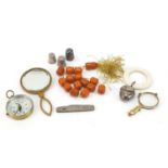 Objects including a silver flanked folding pocket knife, silver thimbles, gilt metal lorgnettes,