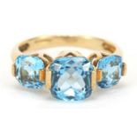 9ct gold blue topaz three stone ring, size P, 4.0g : For Further Condition Reports Please Visit