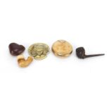 Antique objects including a brass squeeze action tobacco box, Meerschaum pipe bowl with R H Hoar