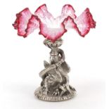 Silver plated sweetmeat dish with cranberry frilled glass dish, 16cm high : For Further Condition