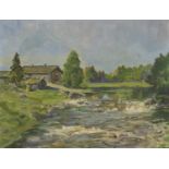 R Sainio - Houses by a river, oil on board, mounted and framed, 41cm x 31.5cm : For Further