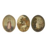 Three Georgian oval silk embroidered panels including one of a female with a dog, paper labels