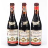 Three bottles of Marchesi di Barolo Barbaresco/Brachetto Piedmonte red wine comprising dates 1957,