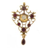 Antique unmarked gold garnet and pearl brooch, 4.5cm in length, 4.0g : For Further Condition Reports