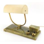 Art Deco onyx and brass desk stand lamp with a hinged inkwell compartment and a pair of pen