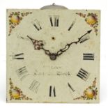 19th century grandfather clock movement with hand painted face having a subsidiary dial inscribed