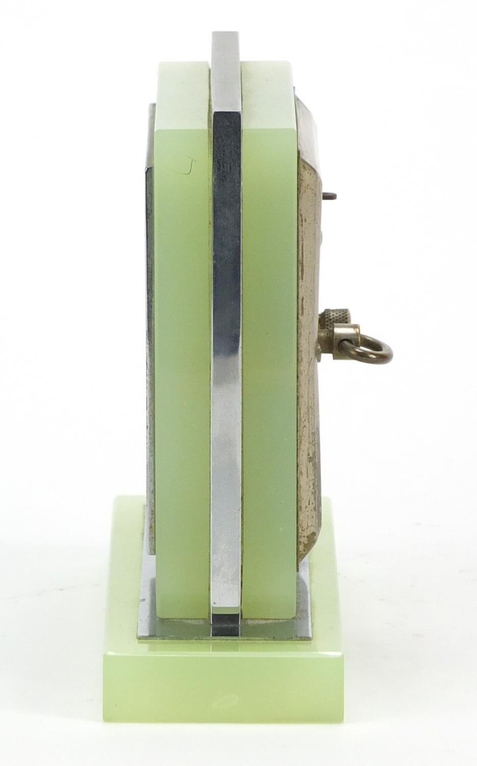 Art Deco chrome and lime green glass desk clock with silvered dial having Arabic numerals, 12cm high - Image 3 of 6