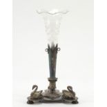 Silver plated epergne with swan mounts and etched glass shade, 23cm high : For Further Condition