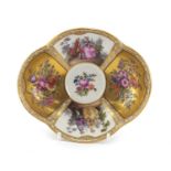 Meissen porcelain dish, hand painted with panels of lovers and flowers, blue crossed sword marks