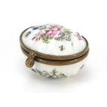 19th century porcelain patch box hand painted with flowers, factory marks to the reverse, 4.5cm wide