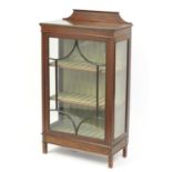 Edwardian inlaid mahogany china cabinet fitted with two shelves, 124cm H x 70cm W x 34cm D : For