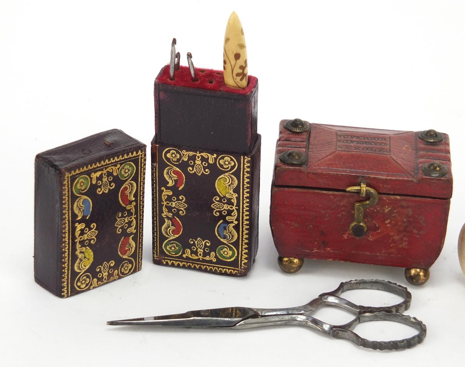 19th century sewing items comprising a tooled leather needle case in the form of a tea caddy, - Image 2 of 6