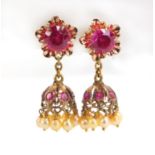 Pair of unmarked gold pink sapphire and pearl earrings with screw backs, 3.5cm in length, 6.2g : For