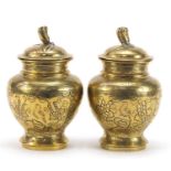 Pair of Chinese bronzed vases and covers, each decorated birds amongst trees, each 17cm high : For