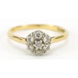 18ct gold and platinum diamond flower head ring, size R, 3.1g : For Further Condition Reports Please