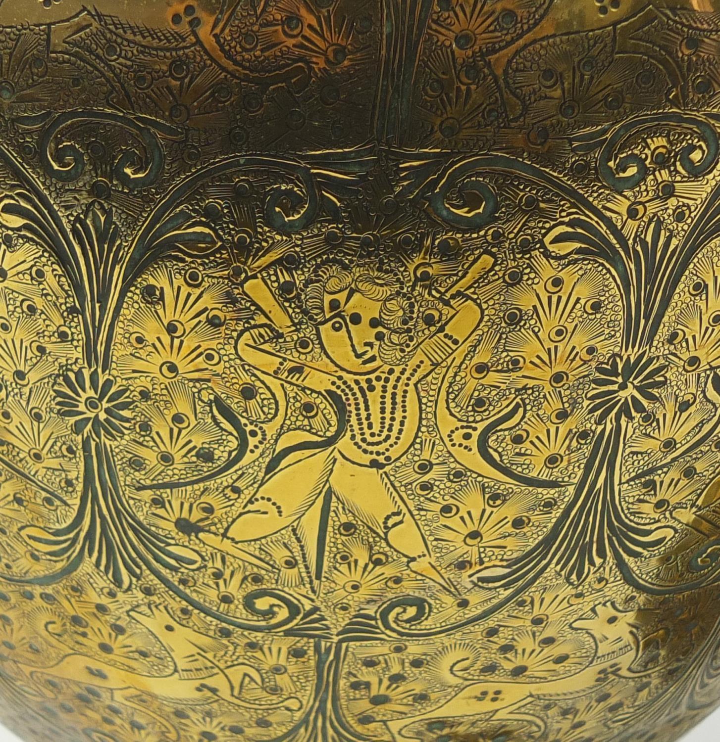 Large pair of Indian brass vases engraved with figures, animals and flowers, each 53cm high : For - Image 5 of 8