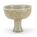 Chinese celadon glaze stem bowl, 11cm high x 13cm in diameter : For Further Condition Reports Please
