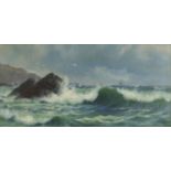 Edward Moore - Seascape, 19th century oil on canvas, labels verso, mounted and framed, 59.5cm x 29cm