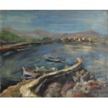 Continental coastal scene with figures in a boat, oil on canvas, unframed, 55cm x 45cm : For Further