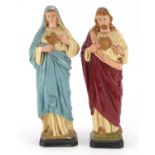 Pair of hand painted plaster religious figures of Joseph and Mary, the largest 39.5cm high : For