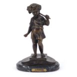 Patinated bronze figure of a young figure gathering grapes, titled La Vendange, raised on an oval