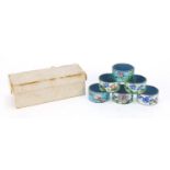 Set of six Japanese cloisonné napkin rings with box, each enamelled with flowers, each 5cm in