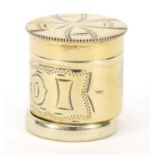 Continental sterling silver gilt anointing oil box with hinged ring, 3cm high, 37.5g : For Further