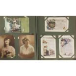 Edwardian and later comical sweetheart and greetings postcards arranged in an album, including First
