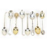Eight golfing interest silver teaspoons, various hallmarks, the largest 13.5cm in length, 168.2g :