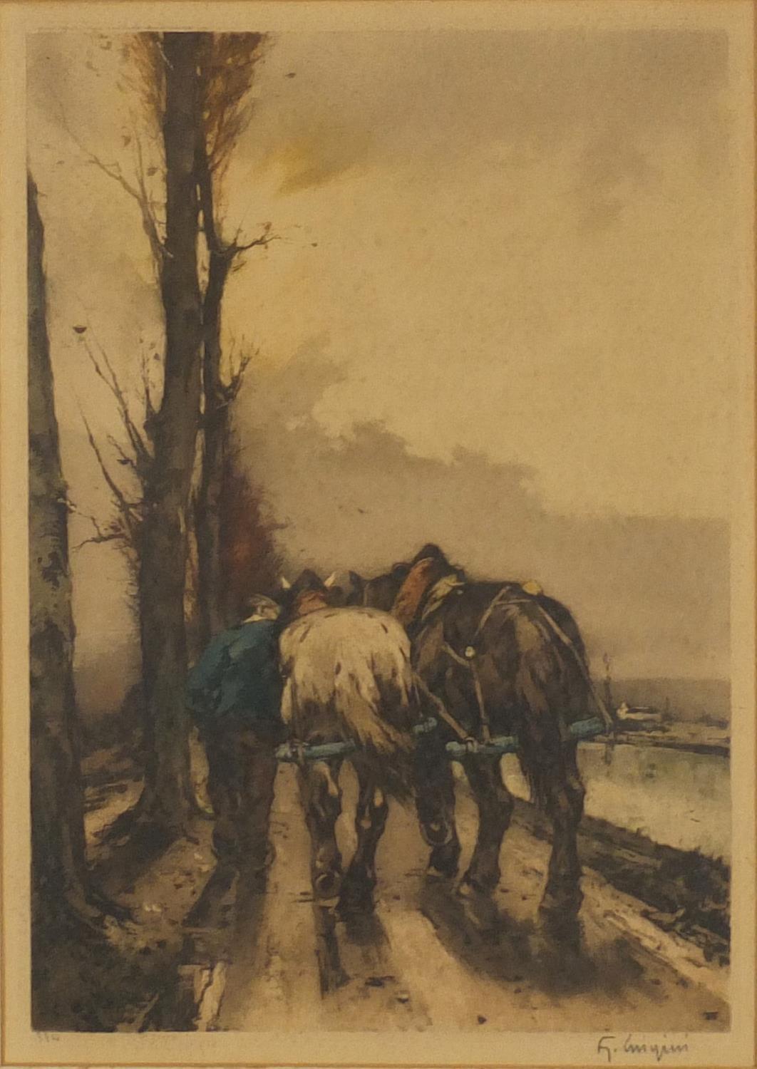 F Guiquin ? - Coloured aquatint- farm horses in a country lane, pencil numbered 334, Fine Art