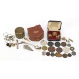 Antique and later objects including tokens, leather studs box and silver coins : For Further